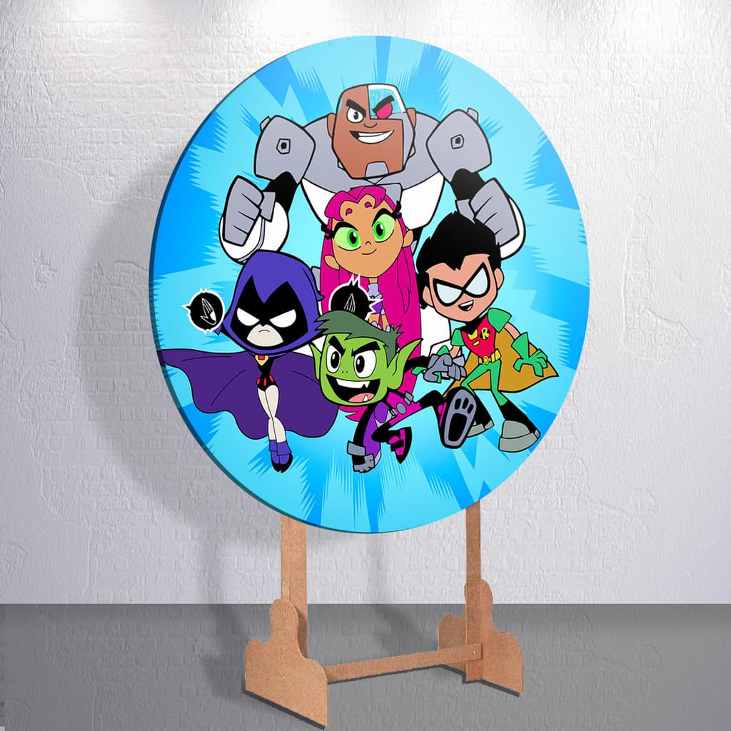 Painel Sublimado Festa Infantil Jovens Super Heróis Titams Robin Ciborg Estelar Capas Redondo Tema Decoração Veste Fácil