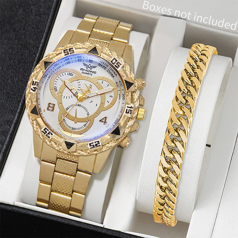 Kit pcs 2 Relógios CRETA Masculinos de Quartzo e Pulseira Dourado - Estilo de Negócios e Grande Mostrador