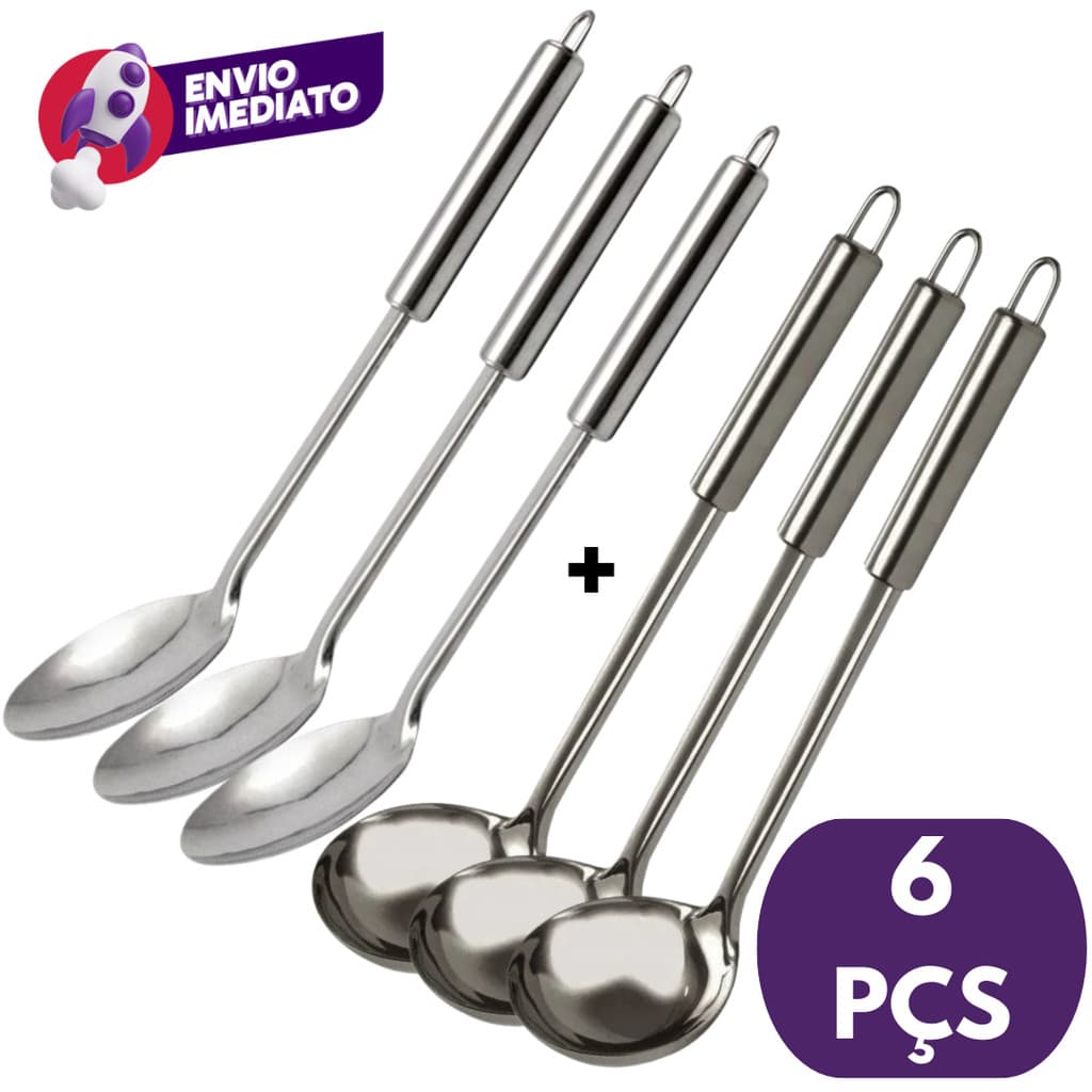 Kit 06 Un Colher De Arroz  E Concha Para Feijão Caldos Molhos Utensílio Cozinha Inox Bar Restaurante