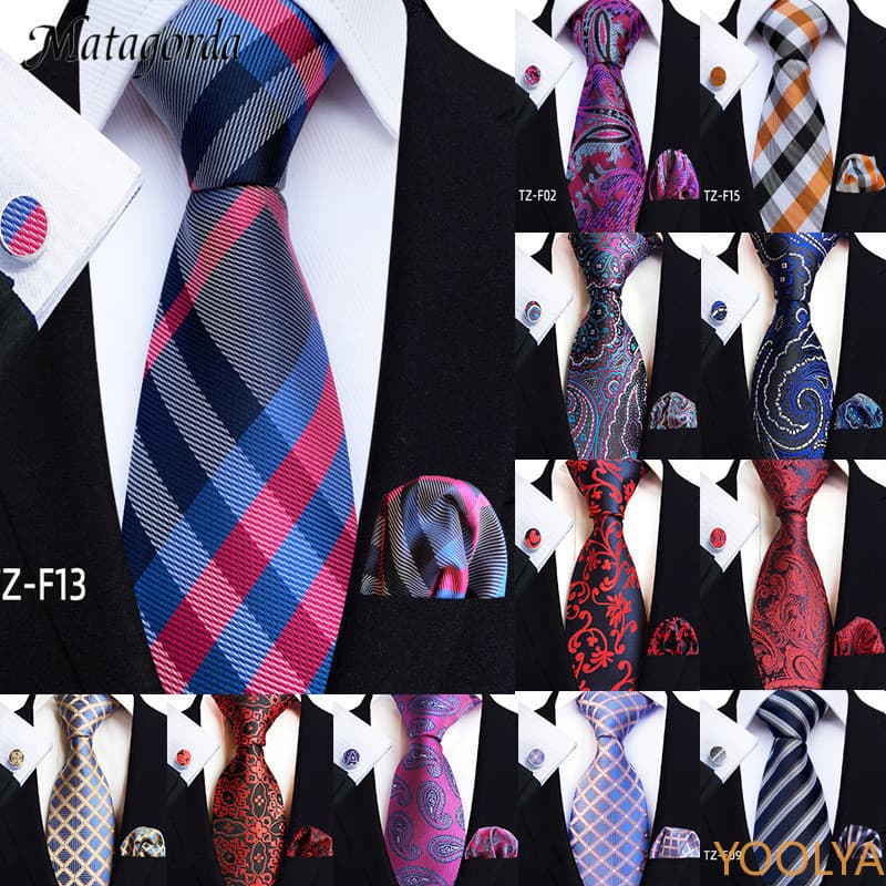 3 Pçs/Set Gravatas Masculinas 8cm Azul Xadrez Ponto Listrado Gravata Lenço Abotoaduras Conjunto Festa De Casamento