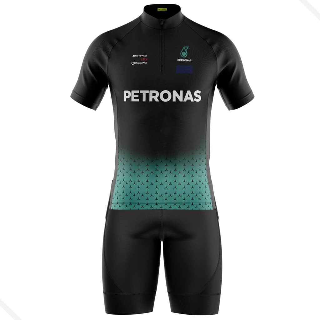 CONJUNTO CICLISMO MASCULINO BERMUDA E CAMISA PETRONAS F1 COM BOLSOS UV 50+