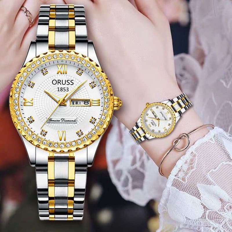 Relógio ORUSS XZ Feminino Aço Inoxidável Dourado – Automático, Quartzo, À Prova d'Água