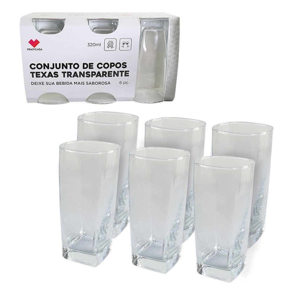 Jogo Copos Texas Vidro Quadrado 320ml Conjunto 6 Unidades Resistente Elegante Mesa Bebidas Servir Cozinha