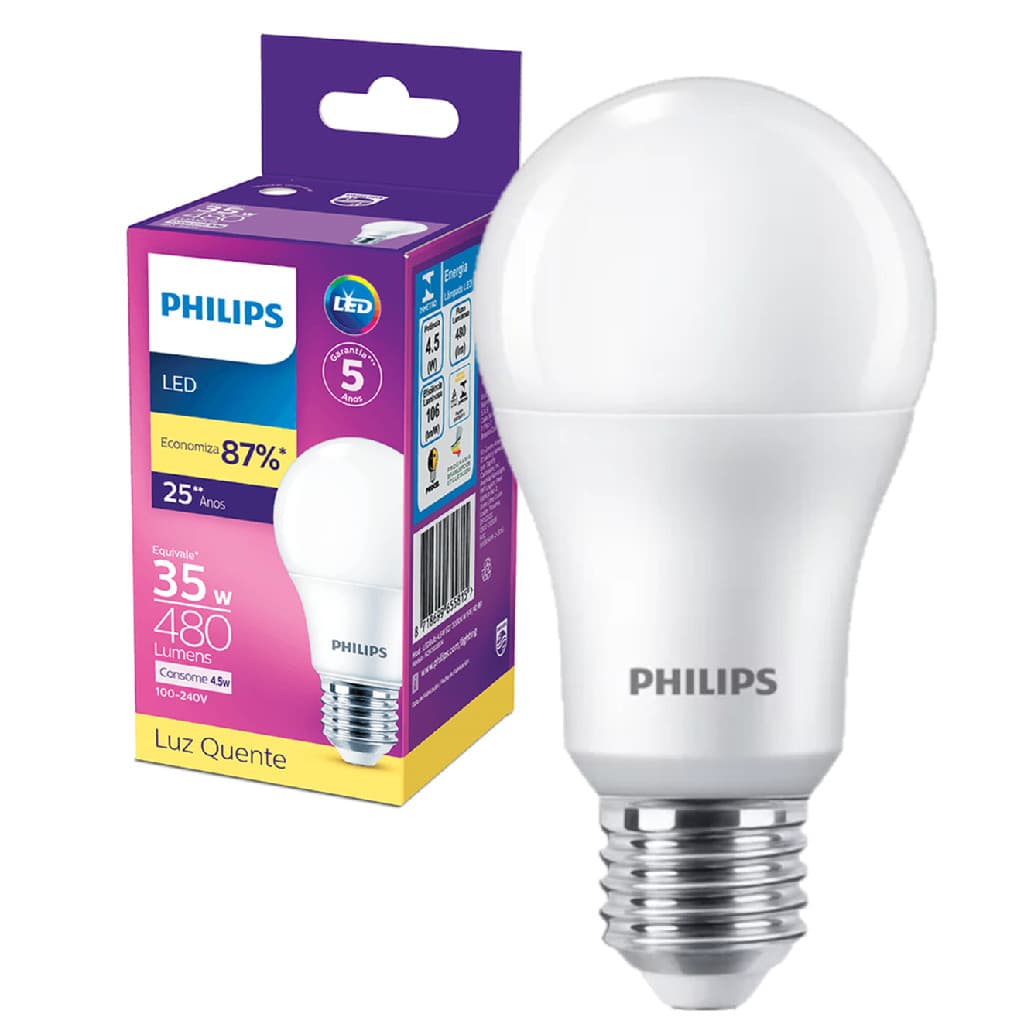Kit 2 Lampada Bulbo Philips 4.5w Luz Quente 3000K Amarela E27