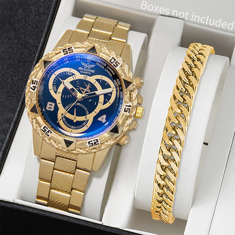 Kit pcs 2 Relógios Masculinos Dourado Preto - Design de Negócios com Pulseira Estilosa