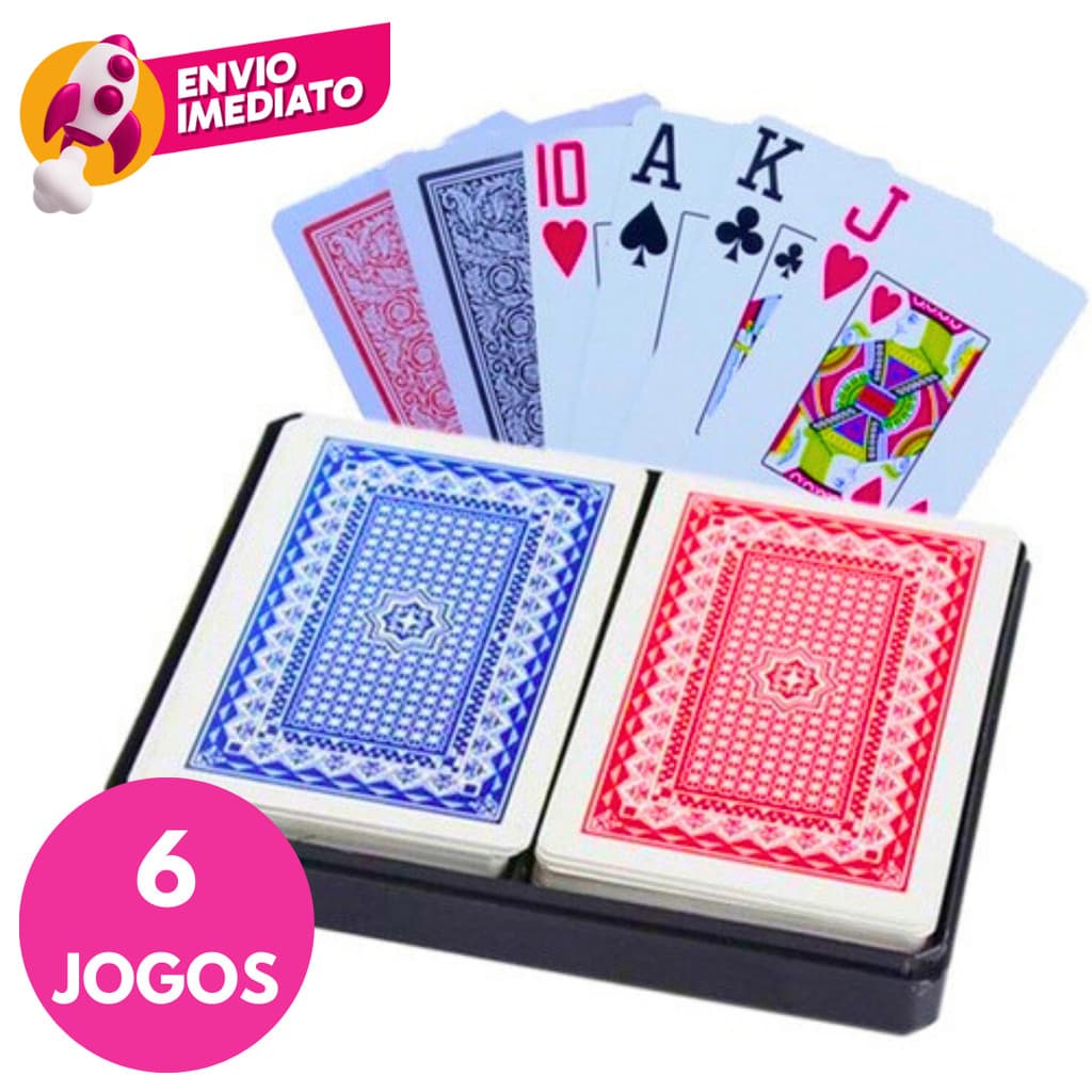 Kit 06 Jg. Baralho Duplo Profissional 108 Cartas 100% Plástico Com Estojo Resistente