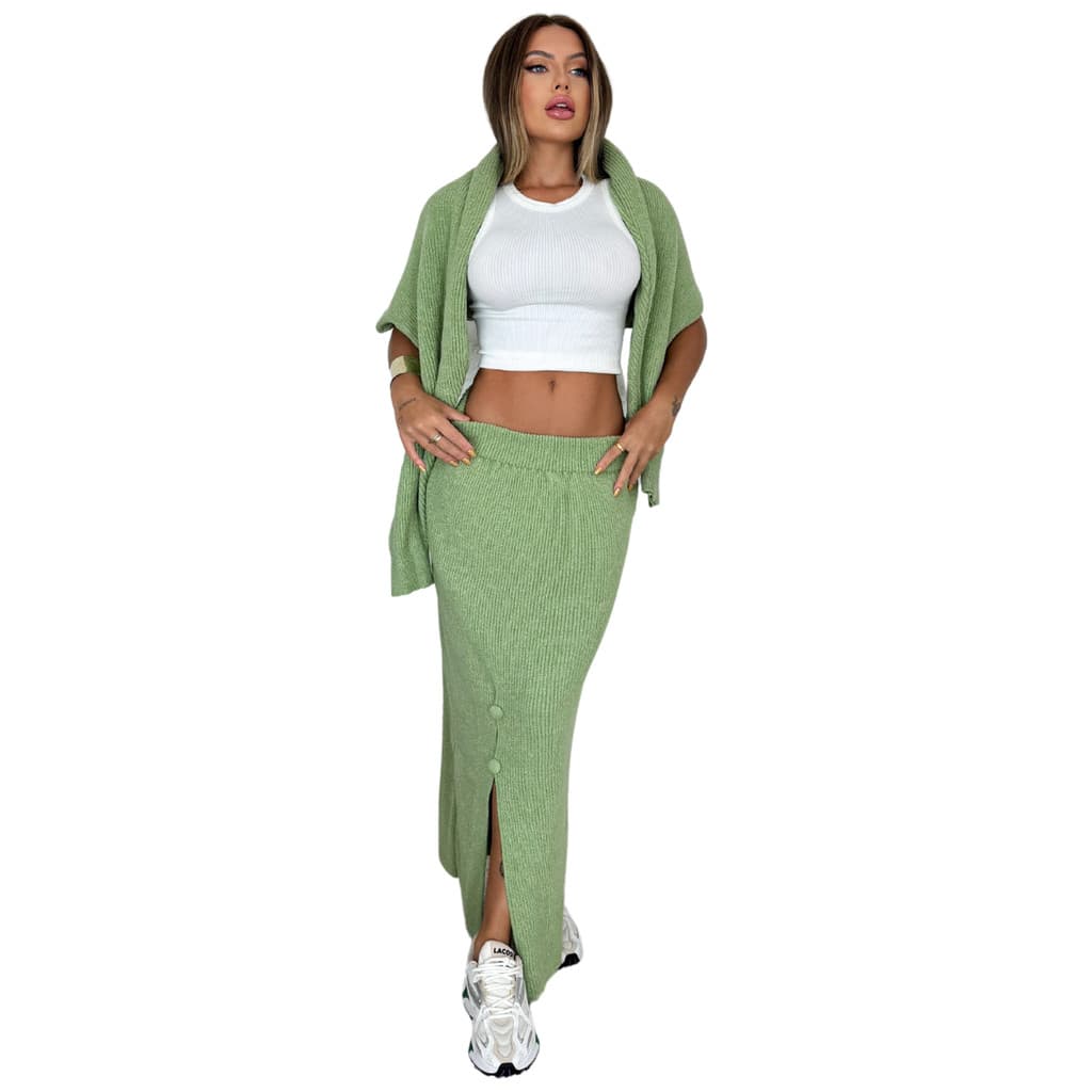Conjunto Feminino Saia e Blusa Hadassa Botão Tricot Mousse