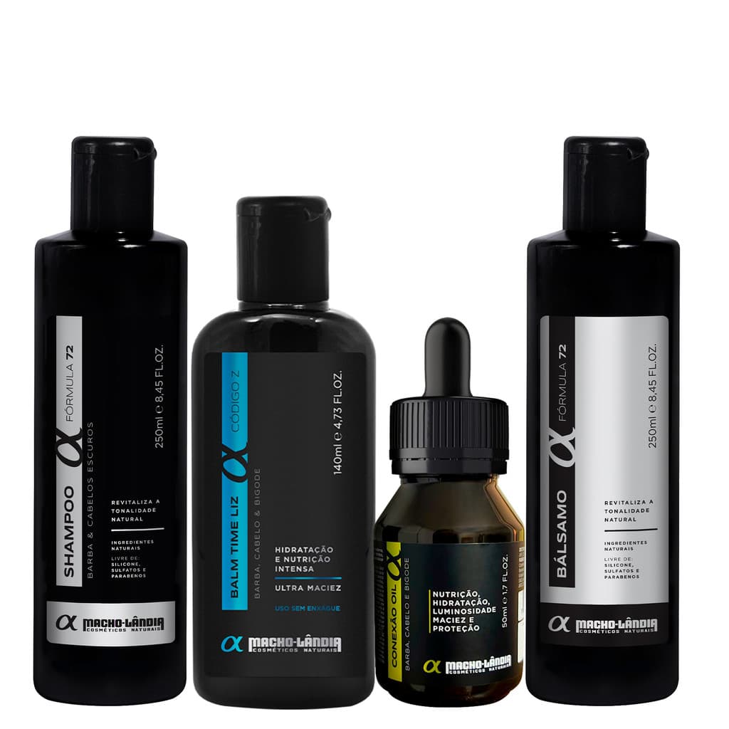 Kit Barba Escura Macho Lândia Fórmula 72 Shampoo Balm Bálsamo e Óleo para Barba Hidratação Brilho Fios Escuros 4 Itens