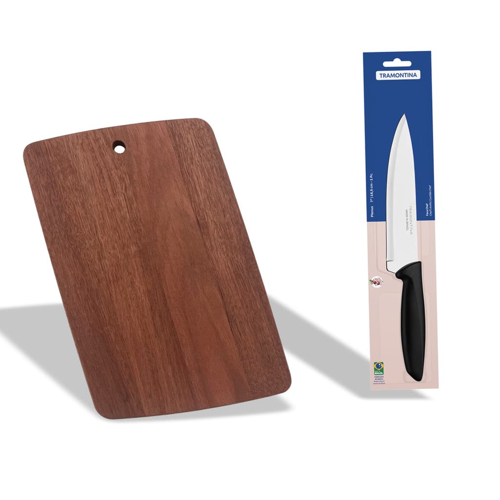 Tabua de madeira para cortar carne com faca inox tramontina