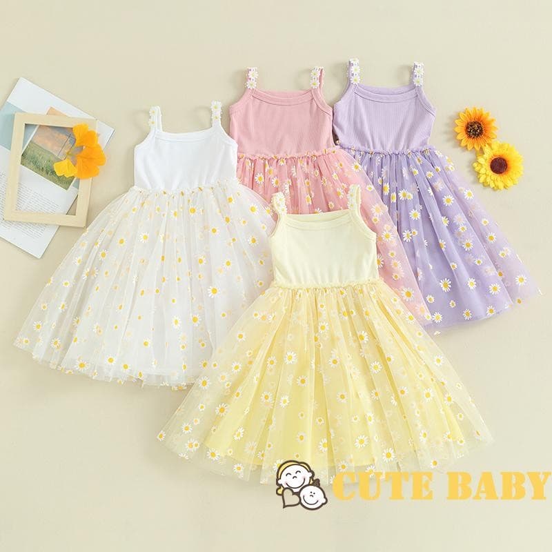 Eph-Vestido de Verão para Infantil Bebês Meninas Estampa de Margaridas Malha Vestido de Princesa,0-4 Anos