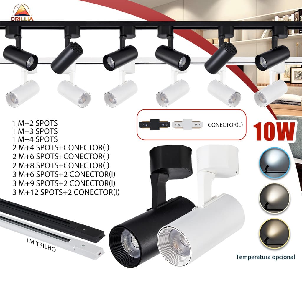 Kit Trilho Spot LED 10W para trilho eletrificado Interno Econômico Luz Ambiente ou Comercial Bivolt