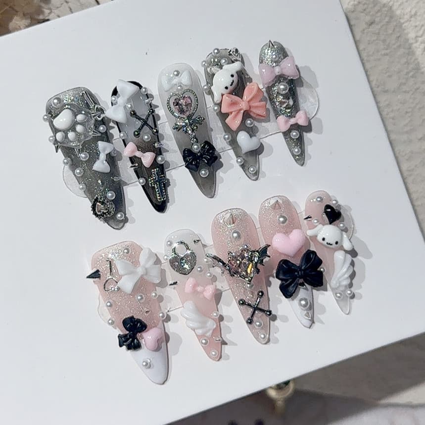 Jirai Y2K Spice Girl Preto Rosa Ponta Longa Imprensa Francesa Em Unhas Doce Legal Menhera Arte Do Prego 3D Arco Cruz Kaw