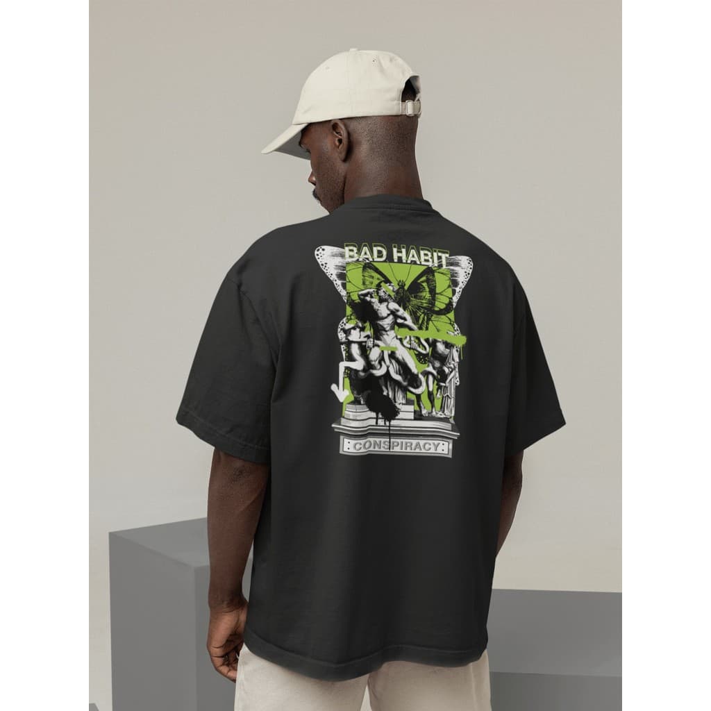 Camiseta Oversize Streetwear Masculino e Feminino 100% Algodão Treino e Dia a Dia Preto e Off Whte Estampado - BAD HABIT