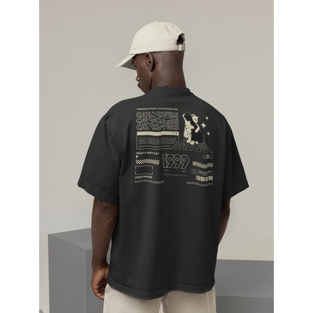 Camiseta Oversize Streetwear Masculino e Feminino Treino e Dia a Dia Preto e Off Whte Estampado - CAT LOVERS