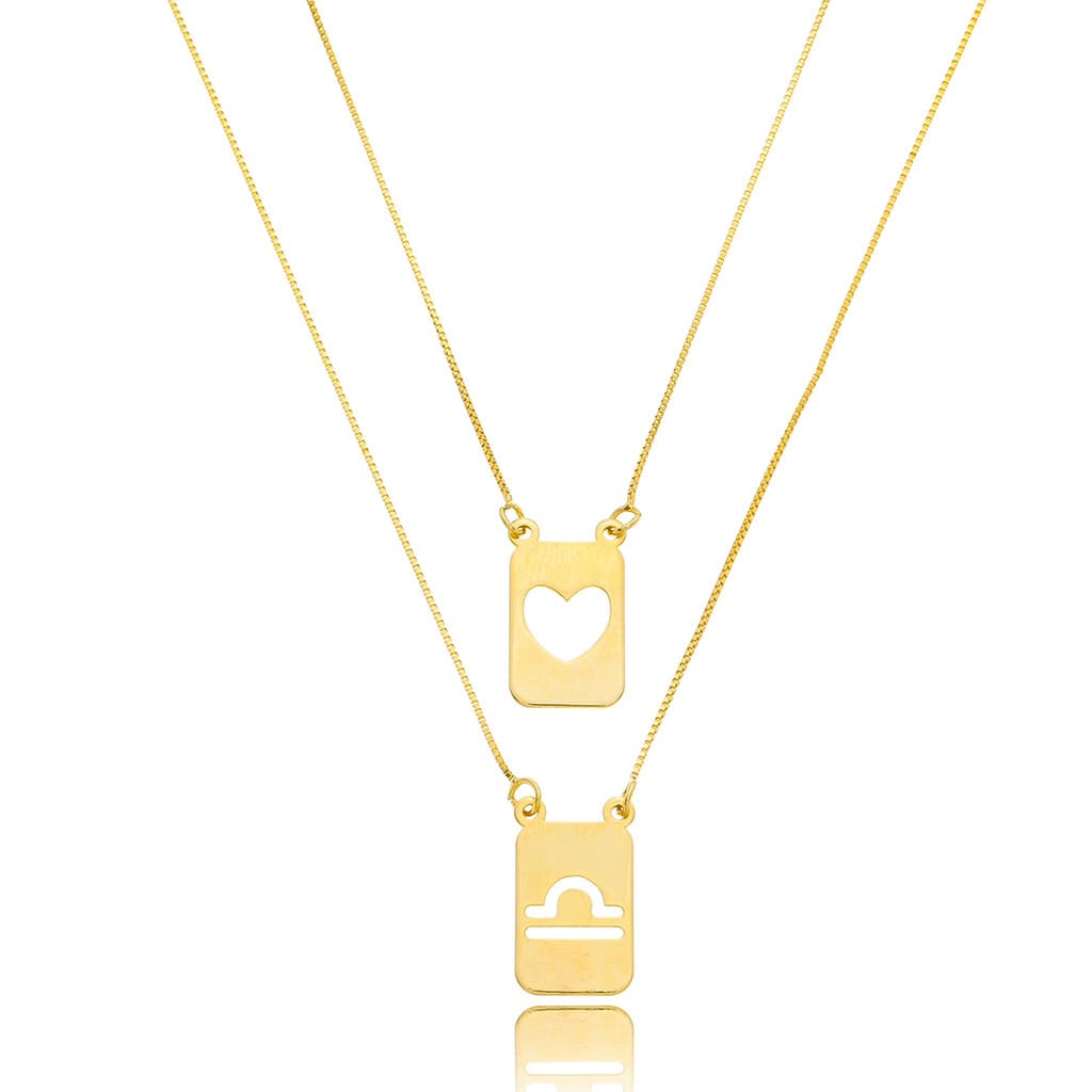 Escapulário 60 cm Amuleto Coração Libra - Prata banho Ouro 18k