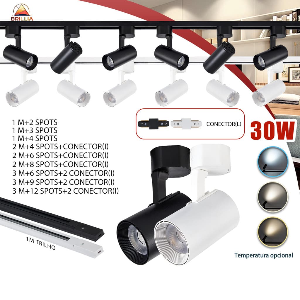 Kit Trilho Spot LED 30W para trilho eletrificado Interno Econômico Luz Comercial ou Ambiente Bivolt