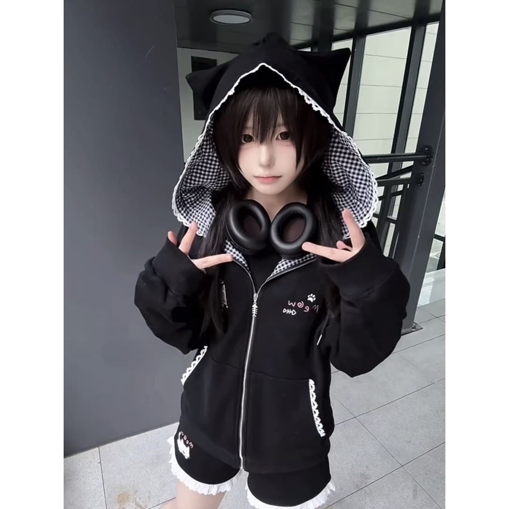 Mulheres Gato Orelha Bonito Hoodies Moda Mangas Compridas Zíper Cardigan