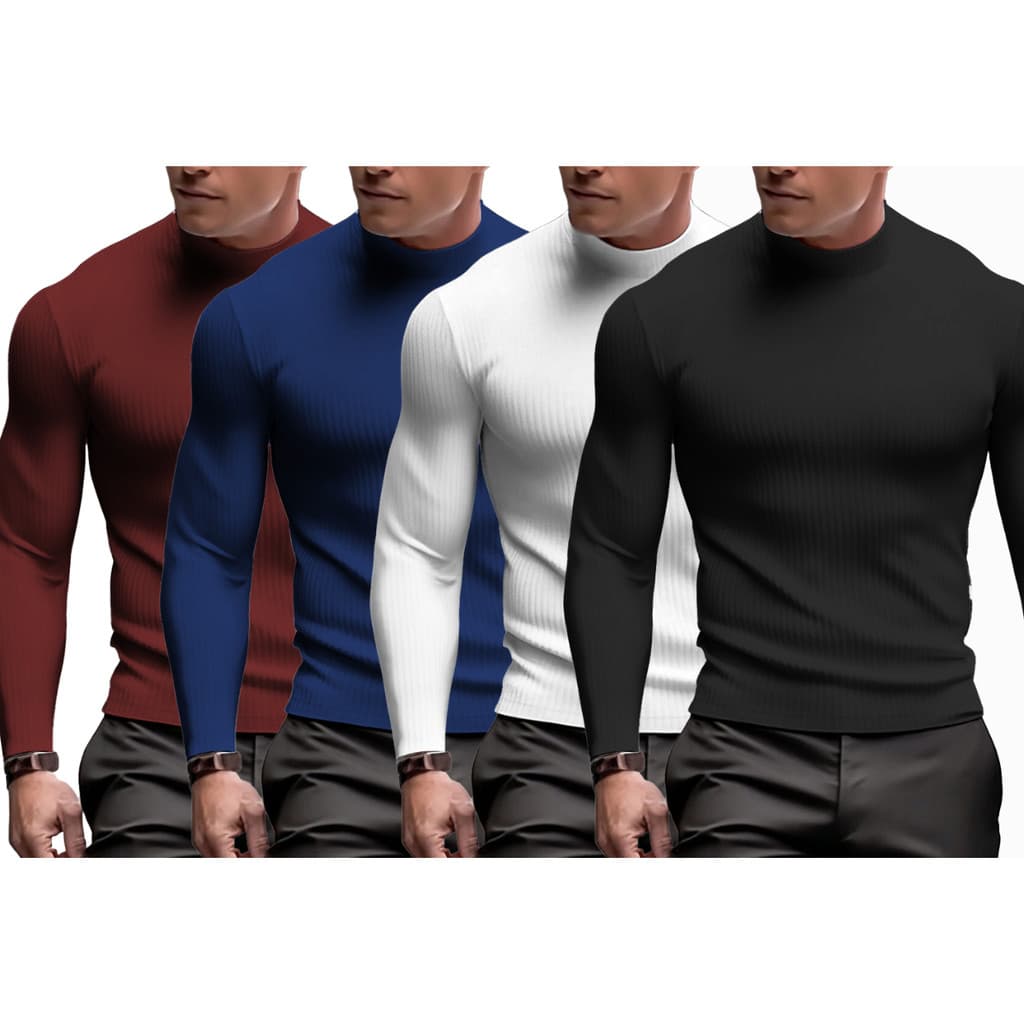 Kit 4 Camisetas Masculinas Manga Longa Gola Alta Malha Canelada Slim Blusa de Frio Inverno Térmica Premium