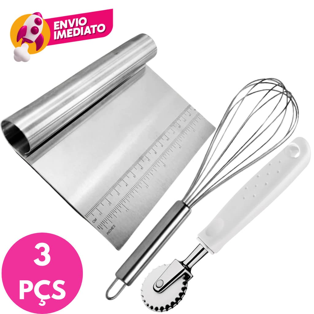 Kit Espátula Reta Massa e Bolos + Carretilha Corta e Fecha Pastel + Batedor Claras Fouet