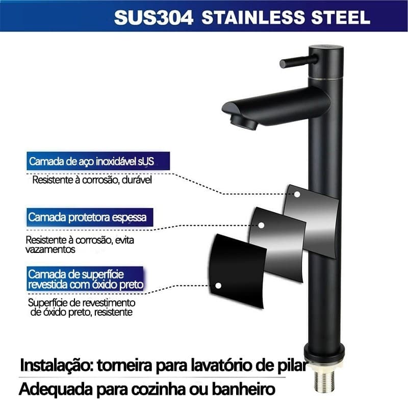 Torneira Inox Sus304 Bacia Do Banheiro Único Água Fria Torneira Reta Pilar Cor preto /Prateado.