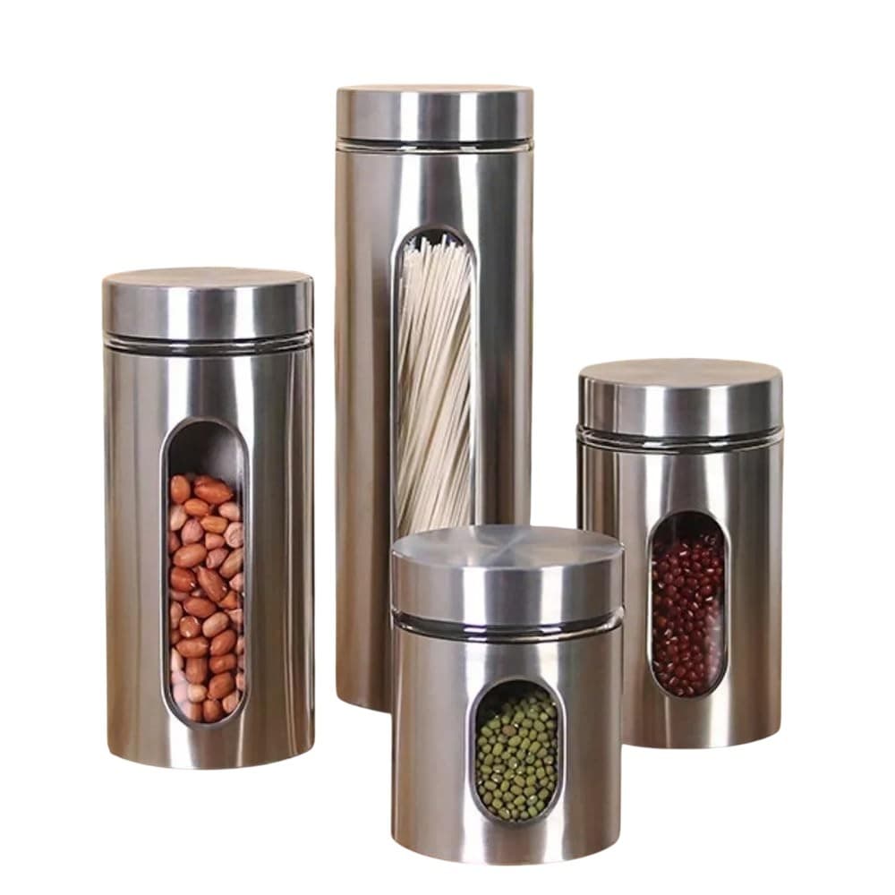 Kit 4 Potes Vidro Tampa Hermética e Visor Ideal para Grãos Temperos Mantimentos Inox