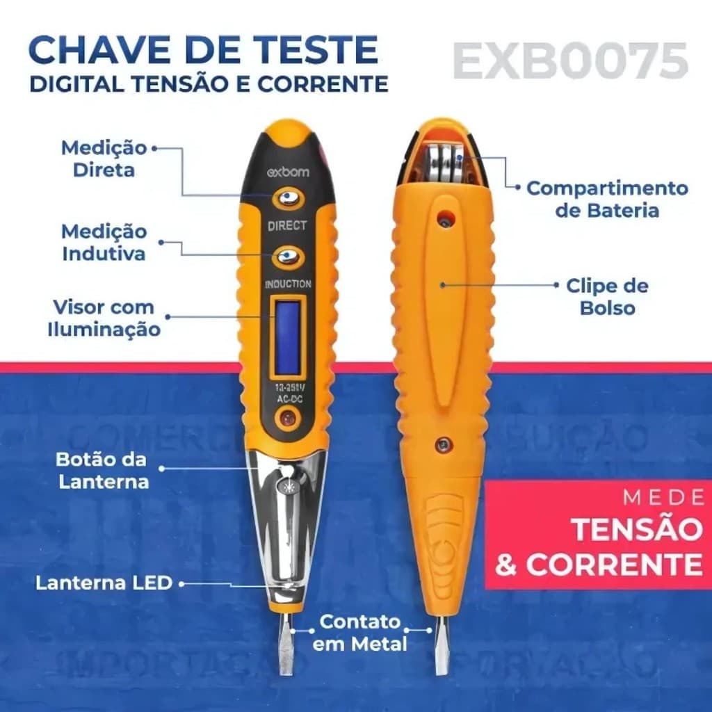 Chave de Teste Digital 12-250V Detector Tensão AC/DC LED Eletricista Portátil