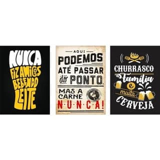 Kit Quadros decorativos Mosaico 3 Peças Trio Churrasco Frase Nunca Fiz Amigos Bebendo Leite Família Carne Área Lazer