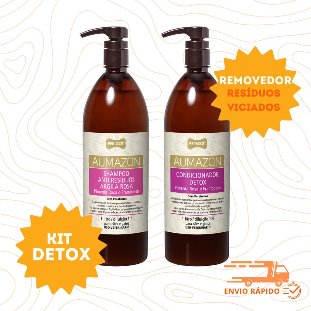 Kit Detox Shampoo e Condicionador Remove Residuos Viciados Perigot 1L Cães e Gatos