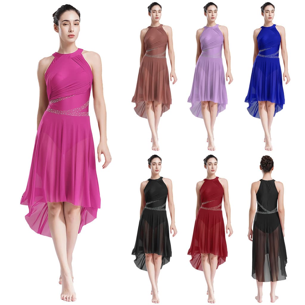 Aislor Womens Lyrical Dance Dresses Sleeveless Asymmetrical Hem Sparkly Rhinestones Ruched Dress