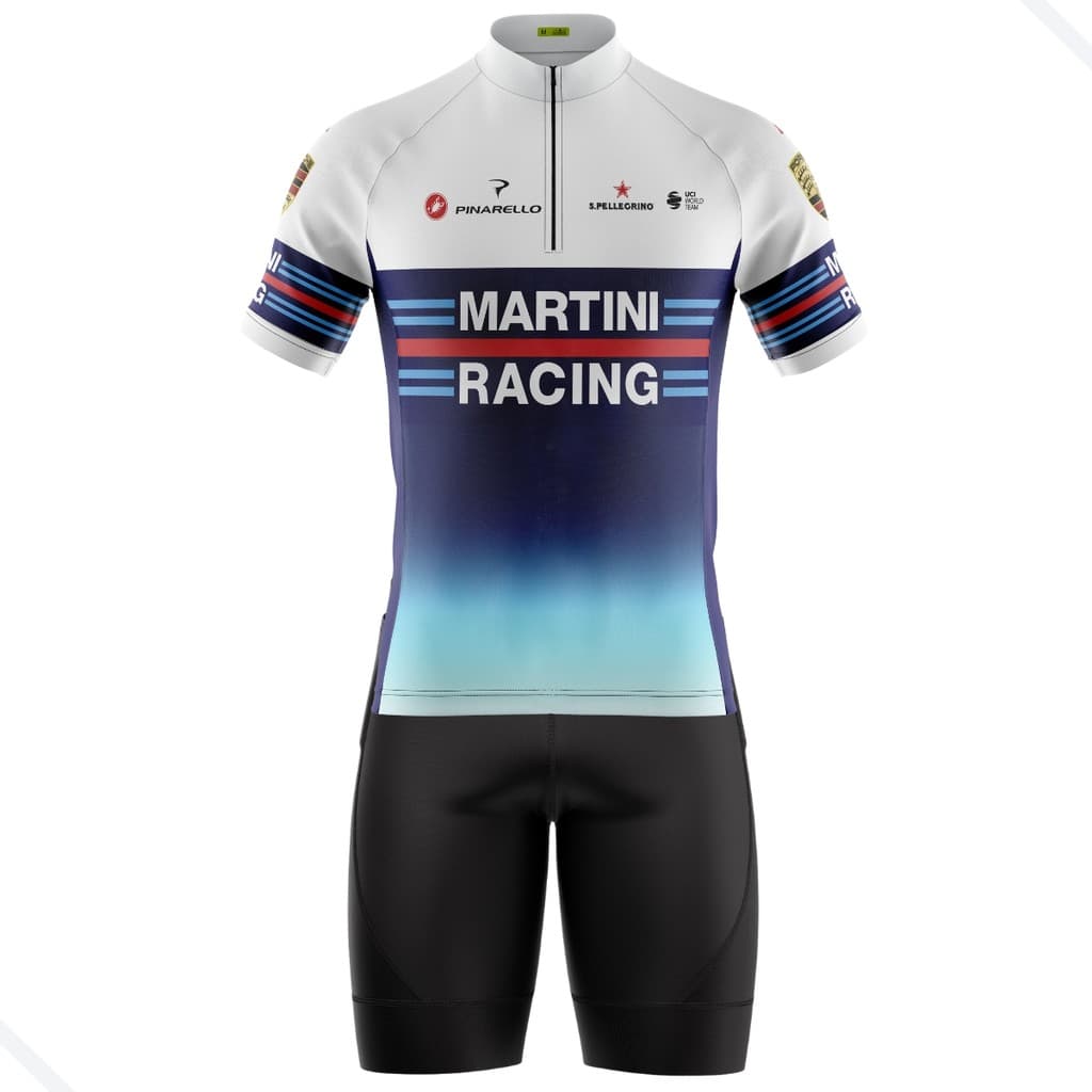 CONJUNTO CICLISMO MASCULINO BERMUDA E CAMISA MARTINI AZUL COM BOLSOS UV 50+