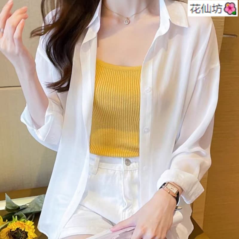 {Novos produtos de verão} Verão exterior gelo seda Chiffon protetor solar camisa feminina sentido frio estilo fino solto