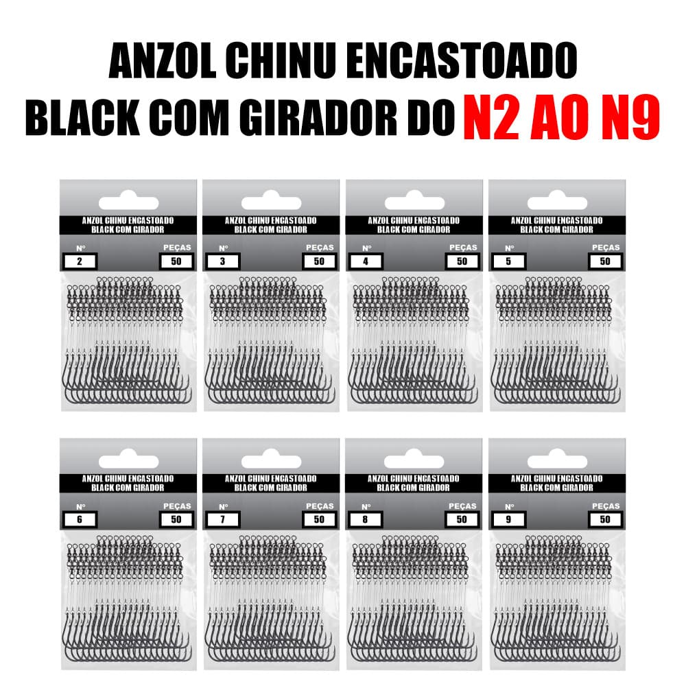 Anzol Chinu Encastoado Black com Girador - Do N2 ao N9
