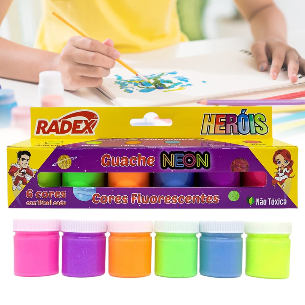 Tinta Tempera Guache Radex 6 Cores 15ml Tons Neon Pintura Artesanato