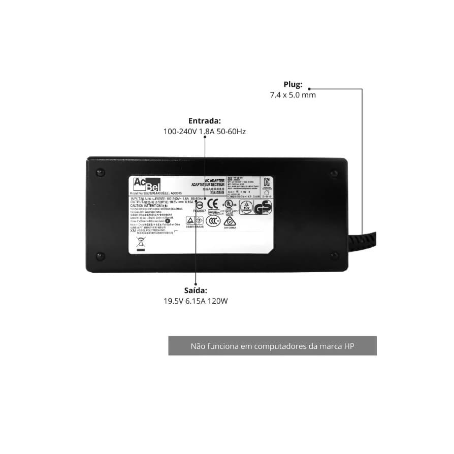 Fonte De Alimentação Acbel ADC015 19.5V 6.15A 120W 7.4 x 5.0 Compatível com Positivo Master T570