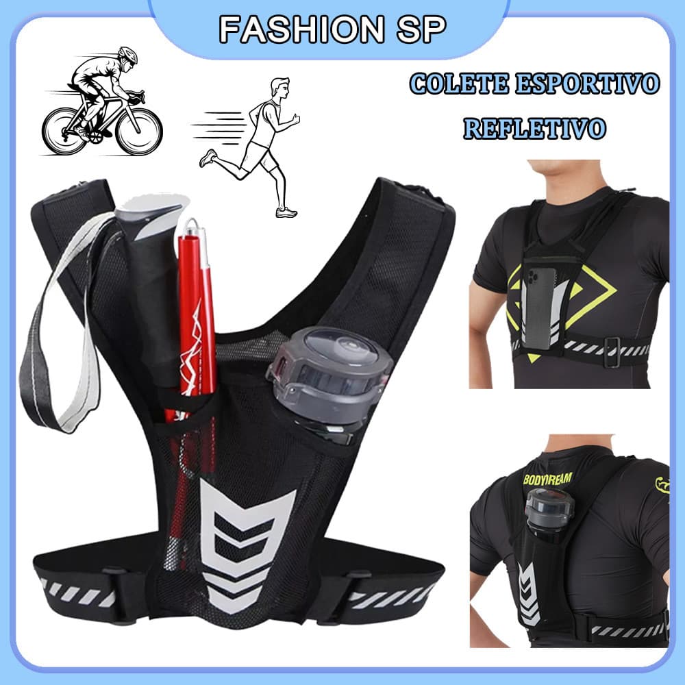 Colete Esportivo Refletivo Com Bolso Para Garrafa De Água E Bolso Para Celular Adequado Para Ciclismo E Corrida Noturna