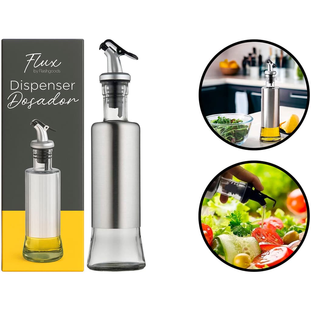 Porta Azeite Vinagre Temperos Galheteiro Dispenser Com Bico Dosador Inox Vidro 300ml Flux