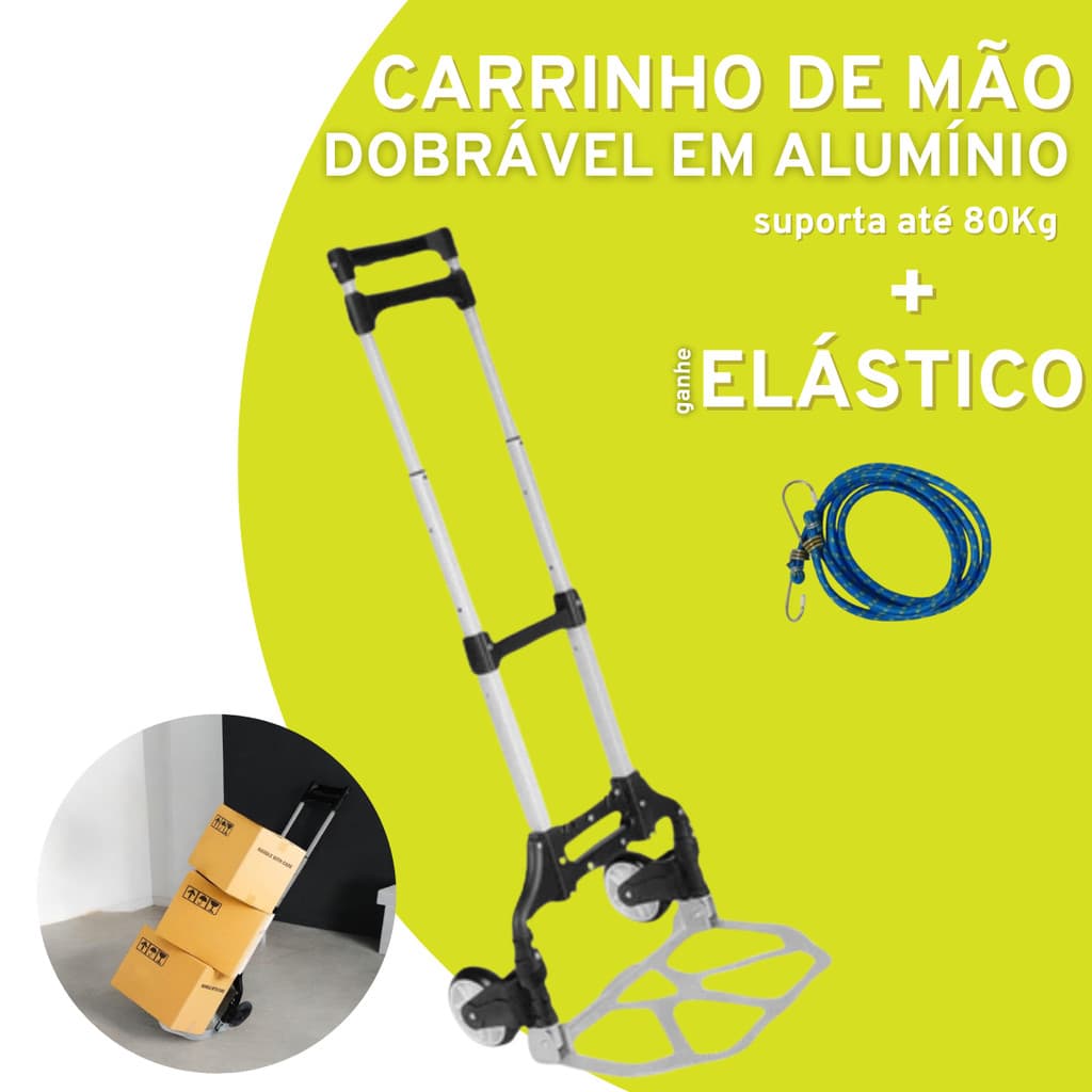 Carrinho de Alumínio Dobrável para Carga 80Kg caixas obras mudanças versátil rapido portátil