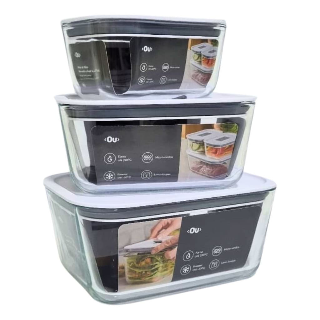 Kit 3Potes Geladeira Vidro Hermético C/tampa 370ml 725ml1,2l - Lasanheira Assadeira Marmita