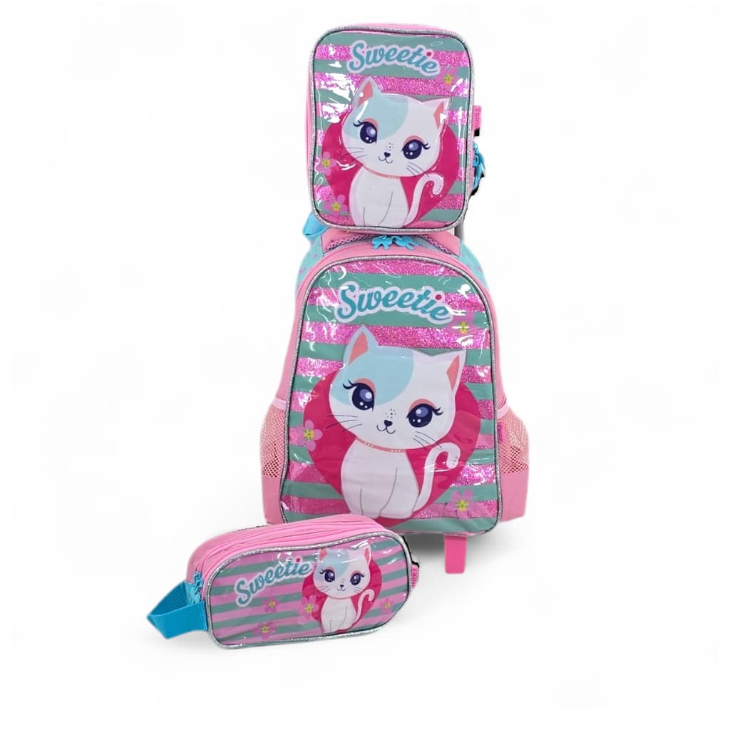 Kit mochila mochilete infantil creche maternal rodinha escolar lancheira estojo gatinha cat sweetie