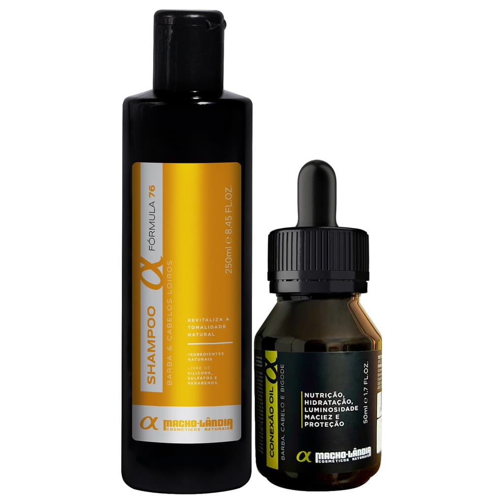Kit Masculino de Barba Loira Macho-Lândia Shampoo para Cabelo Fórmula 76 Fio Loiros 250ml + Óleo Conexão Oil 50ml Brilho