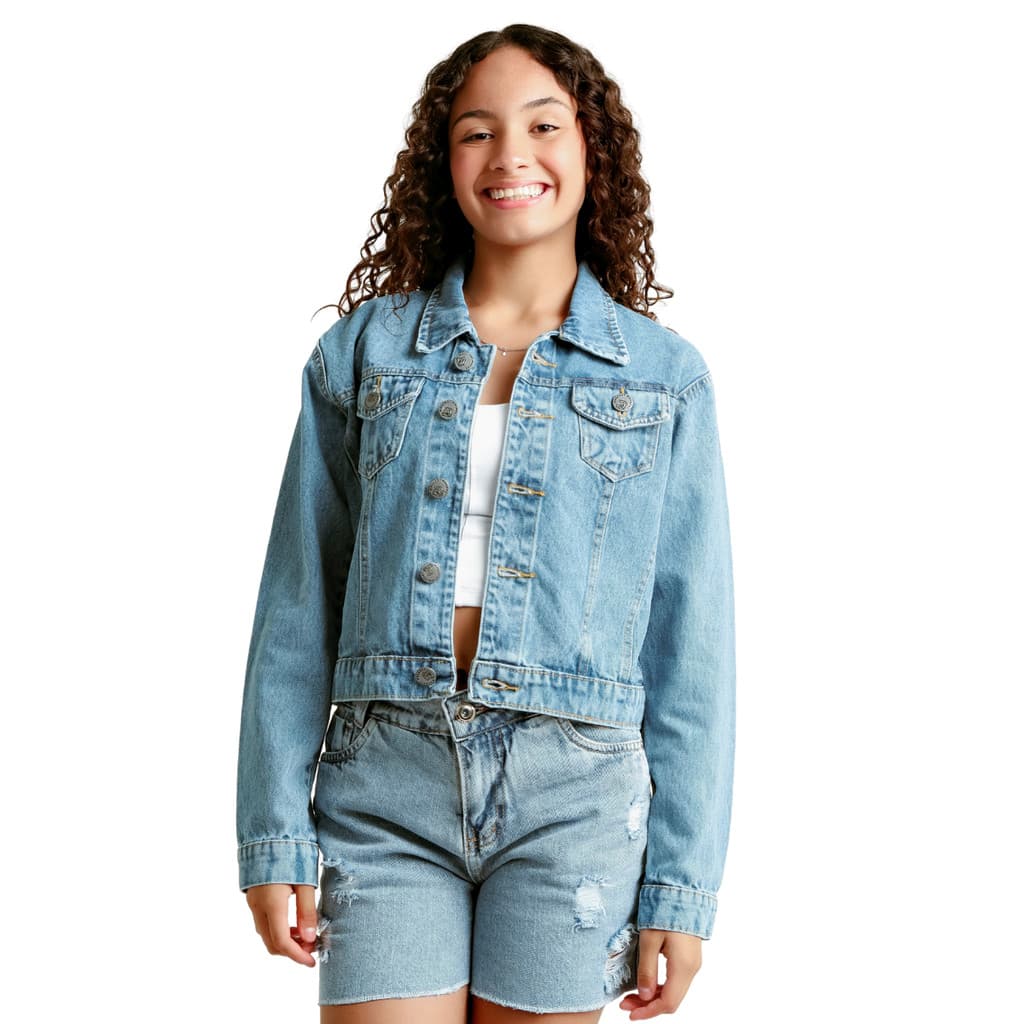 Jaqueta Jeans Curta Crooped Infantil Juvenil Roupas de Meninas Adolescentes Casacos