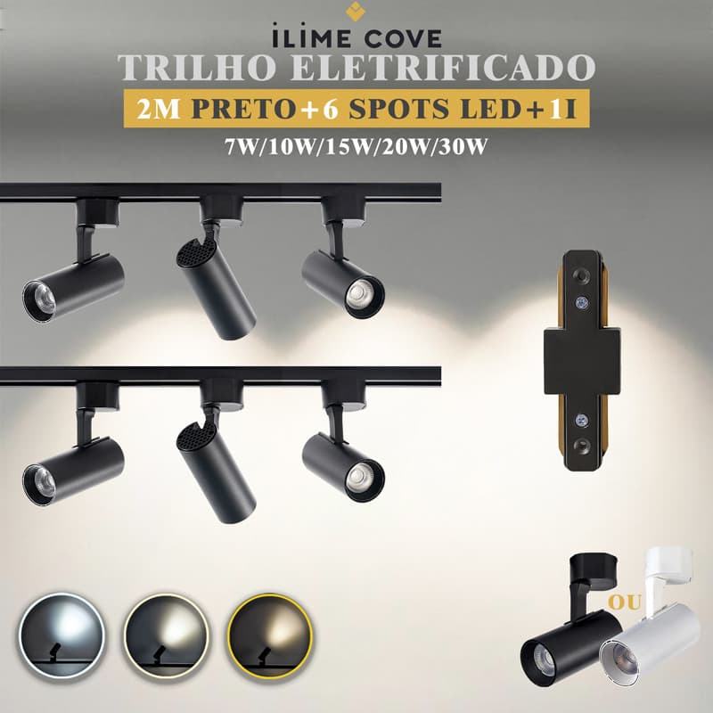 Luxuoso Spot LED Trilho Eletrificado Kit 2M Preto+6 Spots um Tipo I Cor Preto Branco Bivolt 7W a 30W