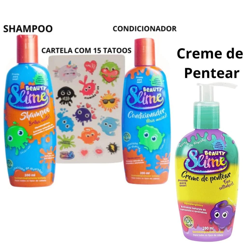 Kit Infantil Shampoo + Condicionador + Creme de Pentear - Slime Azul Neon - Não Colore Cabelo 600 ML