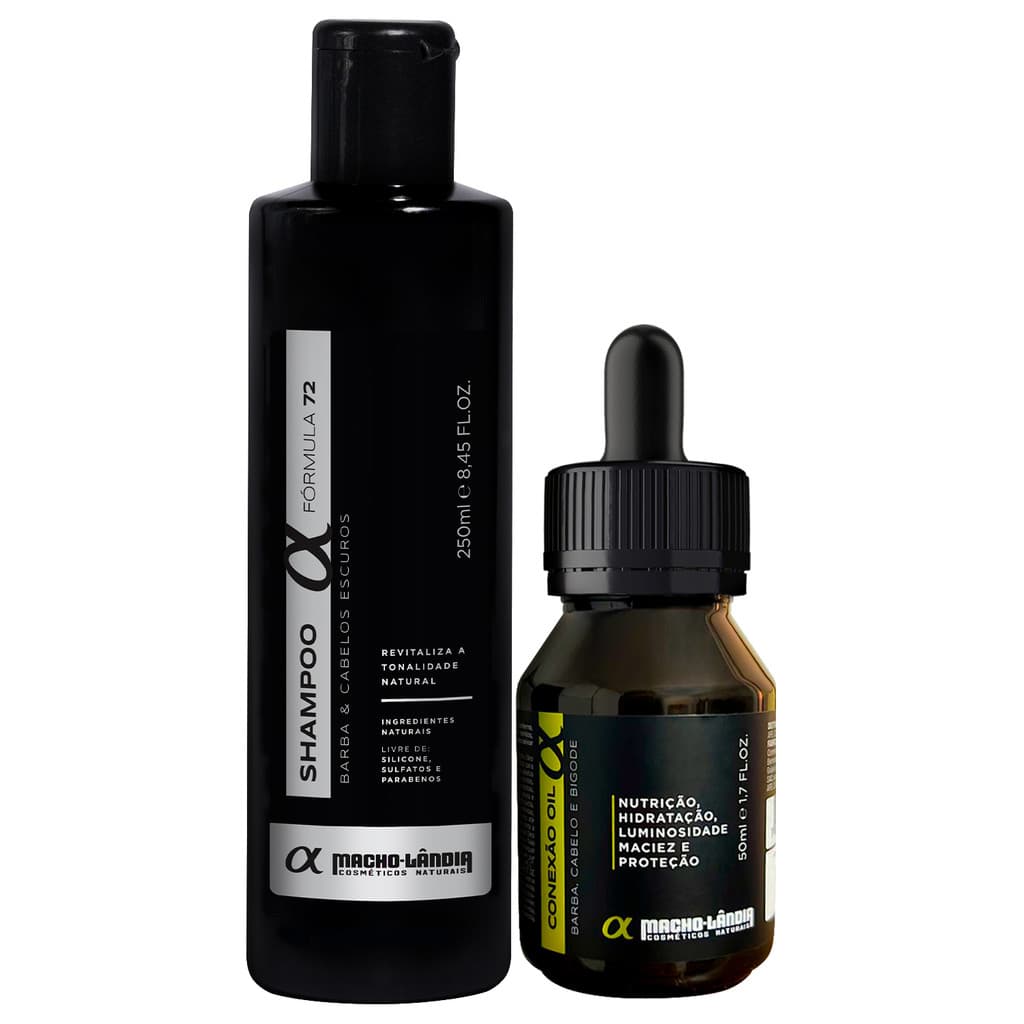Kit Barba Escura Macho Lândia Fórmula 72 Shampoo 250ml e Óleo para Barba 50ml Hidratação Brilho Fios Escuros