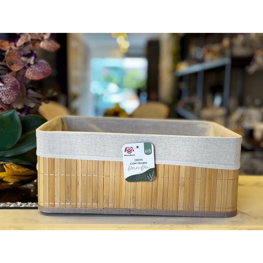 CESTA DE BAMBU COM TECIDO RETANGULAR 37X26/15
