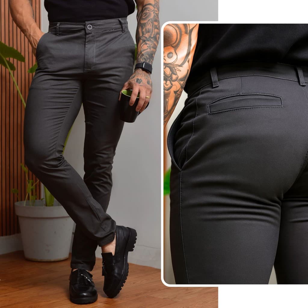 Calça Masculina Alfaiataria Sarja Esporte Fino Social Chino com Elastano