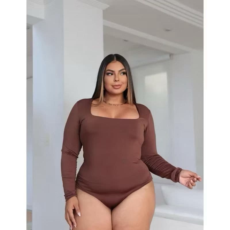 Body Plus Size Feminino Suplex Manga Longa Decote Quadrado com Fecho Curve Elegante Confortável Moda Inverno