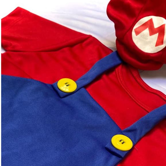 Fantasia Infantil Mario Bros Macacao Acompanha Boina de Tecido Estampado  Festas Aniversario Personagem