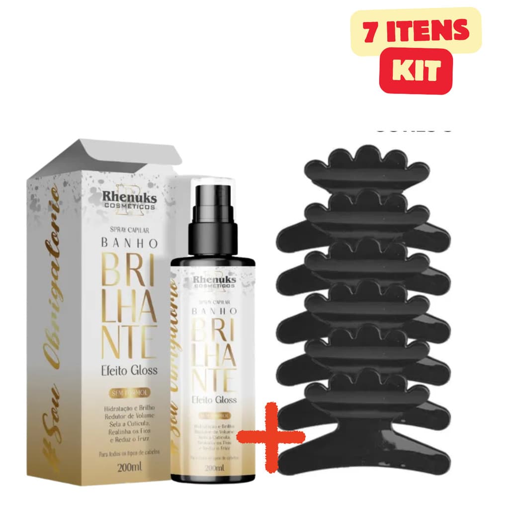 Kit Spray Capilar Banho Brilhante + 6 Piranha Preta Salão Para Cabelo Feminino