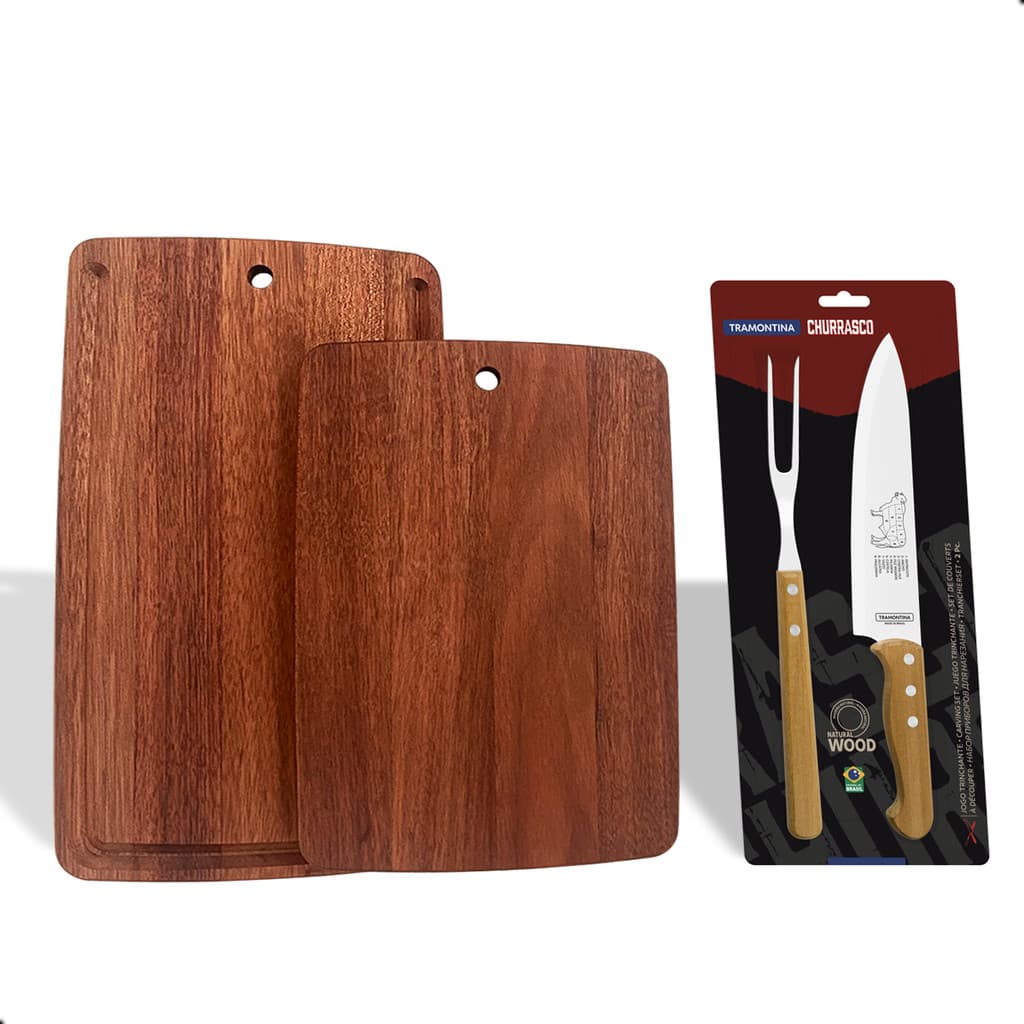 Kit faca e garfo para churrasco com tabua de madeira para cortar carne